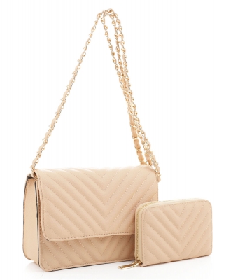 2in1 QUilted V Crossbody Bag Wallet Set CV20142 PEACH